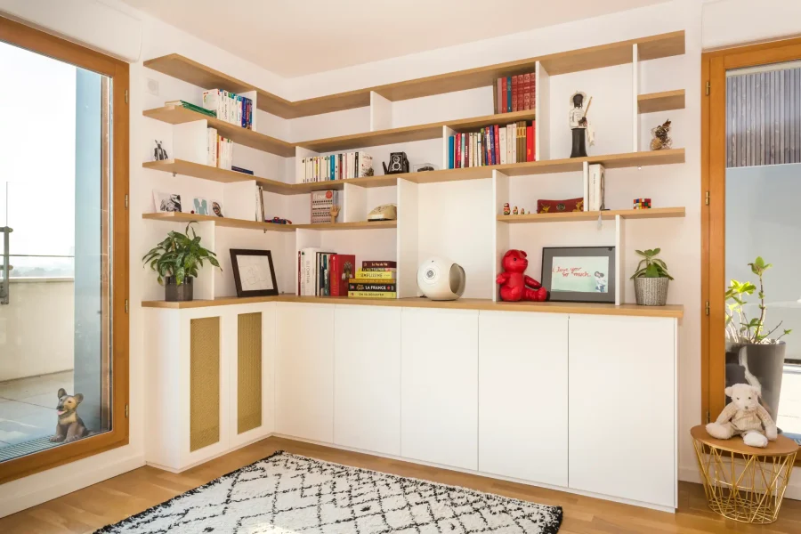 Bibliothèque d'angle de salon en bois plaqué chêne et mélaminé blanc